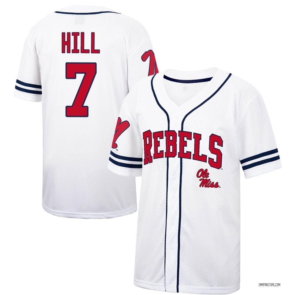 Youth Luke Hill Ole Miss Rebels Replica Colosseum /Navy Free Spirited Baseball Jersey - White